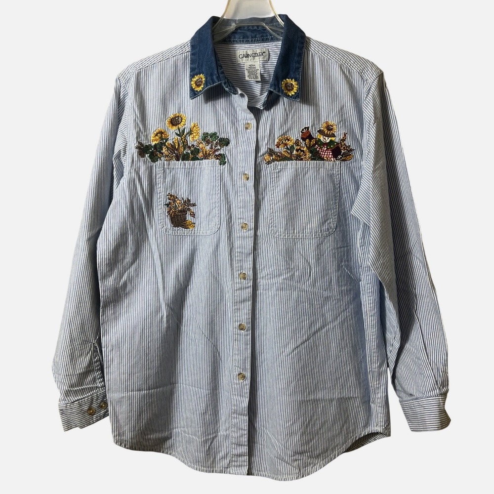 Vtg Cabin Creek Embroidered Sunflower Scarecrow Stripe Shirt Medium Cottage M